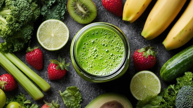 kale. A vibrant green health smoothie surrounded by fresh fruits and vegetables in a clean arrangement. menu design, packaging mockups, designed for food delivery and cloud-kitchen brand materials.