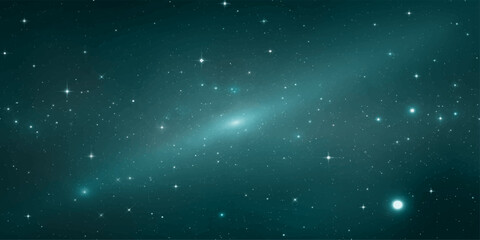 Abstract soft teal space background with stars and glowing galaxy in a dark cosmic universe © RD Visuals