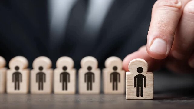 Human resource selection process with figures arranged in a line during a business meeting