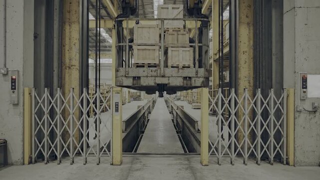 Industrial freight lift carrying wooden crates in factory interior