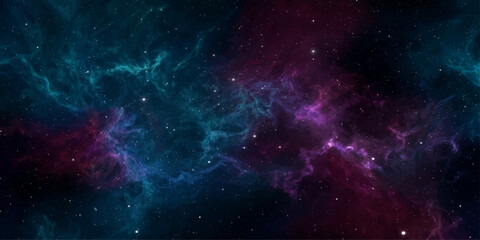 An abstract deep space background featuring a bright teal and purple galaxy and dark starry nebula universe illustration © RD Visuals