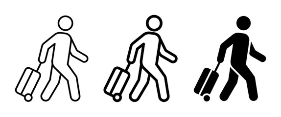 Fototapeta premium Traveler Icons, Person with Suitcase, Walking Silhouette, Airport and Holiday Symbols