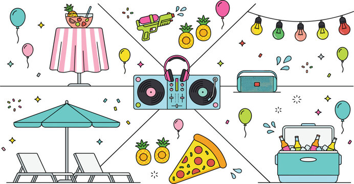 Summer Beach Party and Vacation Entertainment Icon Collection Featuring DJ Music Setup, Tropical Drinks, Pizza, Poolside Relaxation, and Festive Celebration Elements