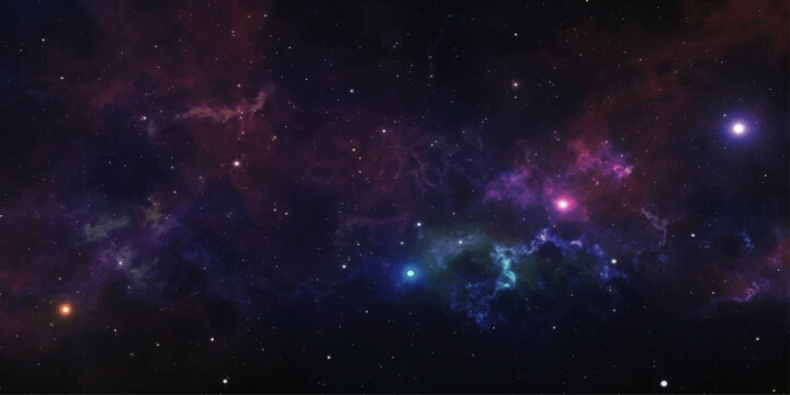 An abstract dark night sky illustration of deep outer space, featuring a bright cosmos galaxy filled with blue light, a starry nebula, distant planets, and brilliant supernova constellations