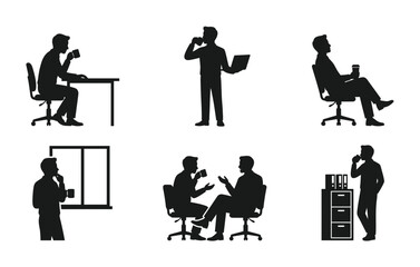 Fototapeta premium Business People Silhouettes, Office Scenarios, Coffee Break Icons, Vector Set