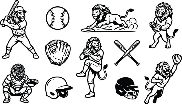 Lion Baseball Player Sports Mascot Icon Set with Bat Ball Glove Helmet and Catching Equipment Elements