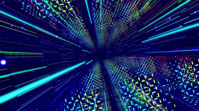 Motion design, camera flies and rotates in digital sci-fi space with neon light and hologram objects. Hi tech concept, abstract futuristic looped background. Motion graphic. Vj loop.