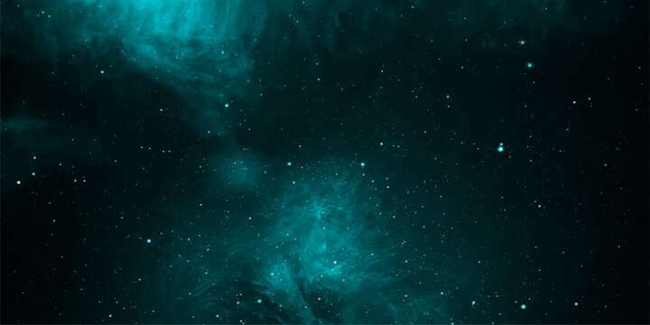 An abstract, glowing galaxy background featuring dark teal cosmic dust, bright stars, and fantasy nebulae clouds drifting across a dark outer space universe