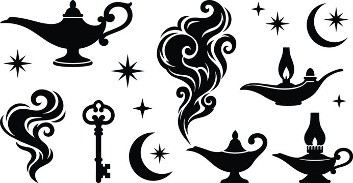 Magic Aladdin Genie Lamp Silhouette Set Featuring Smoke Clouds Vintage Key Moon and Star Elements