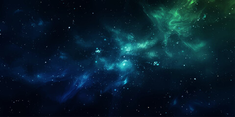 Abstract deep space background featuring a bright nebula, distant stars, and a bright cyan outer universe galaxy illustration © RD Visuals