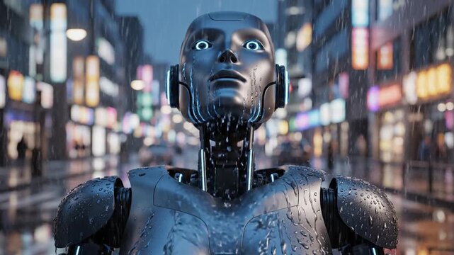 Futuristic robot stands in rainy city street at night