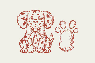 Cute illustrated dalmatian puppy with spots a bow tie a paw print beside it hand drawn line art puppy dog bold lines graphic design dalmatian illustration footprint friendly © Foysal