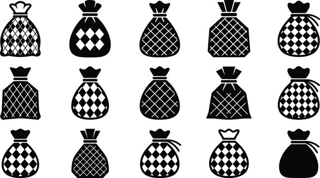 Money Bag and Gift Sack Black Silhouette Icon Set with Plaid Checkered Geometric Pattern Designs