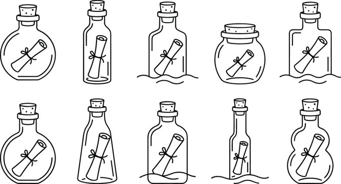 Message in a Bottle Line Icon Set with Cork Stoper Scrolls and Sea Waves for Marine Designs