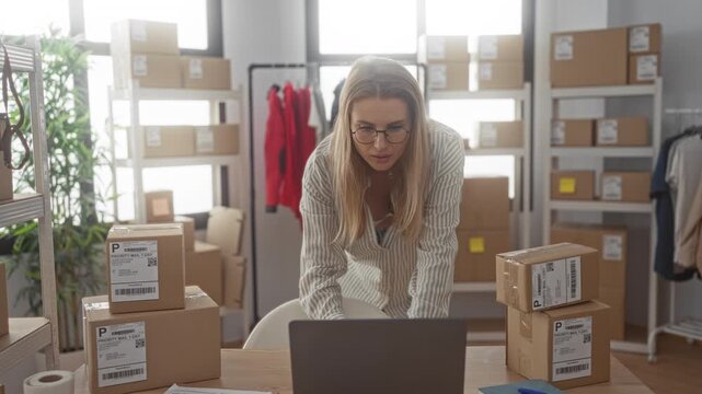 Woman holds shipping box and checks label while arranging stacked parcels in studio; focused small business.