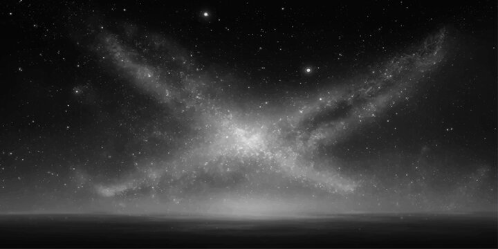 A deep space galaxy background loops through a dark universe filled with a bright starry night sky, black and grey nebula clouds, and abstract outer cosmos planets in a science illustration