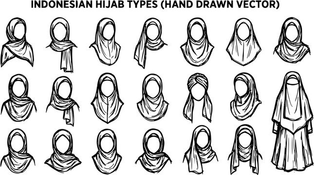 Indonesian Hijab Types Hand Drawn Vector Outline Illustration. Diverse Islamic Headscarves and Veils in Black Line Art for Muslim Women Fashion and Culture.