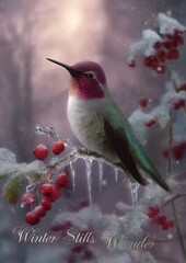Fototapeta premium Vibrant hummingbird, magenta throat, iridescent green wings, perched on frosty branch with icicles & red berries, soft focus winter forest, diffused light, snowflakes. Design.