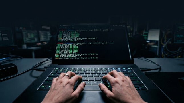 Hands typing on laptop with code on screen in dark room