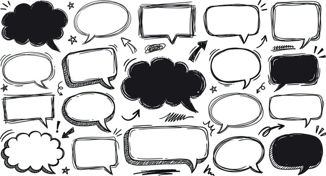 Hand Drawn Speech Bubble Doodle Set with Sketch Chat Boxes Comic Dialog Frames and Creative Communication Design Elements