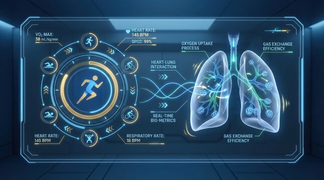 Athlete performance dashboard showing real time heart rate, respiratory rate, spo2 and vo2 max with heart lung interaction visuals for tracking oxygen uptake and exercise efficiency