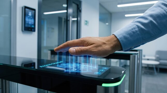 Person's hand interacting with a futuristic palm vein scanner terminal, granting access to an office building using advanced biometric identification technology for cybersecurity and authentication