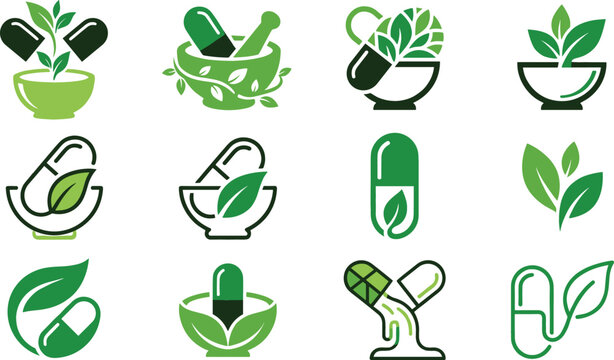 Herbal Medicine and Organic Supplement Green Icon Set with Pills Capsules Mortar Pestle and Leaf Elements