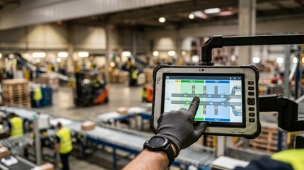 Obraz premium Warehouse worker using touchscreen tablet for logistics management on conveyor belt system