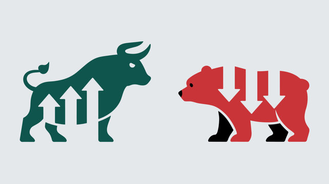 Bull and bear silhouettes with rising and falling arrow graphics financial market symbols
