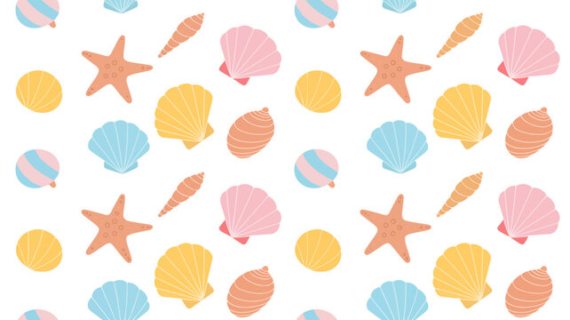 seashell and starfish pattern colorful illustration with pastel tones on a white background