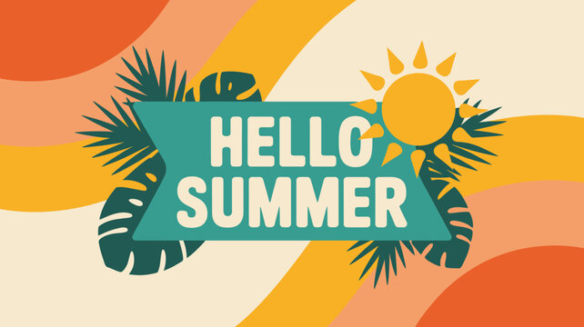 retro summer greeting card with palm leaves sun and hello summer text in vibrant colors