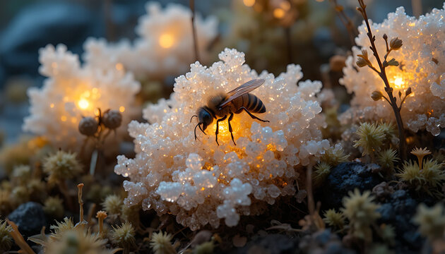 Macro view of bee standing on translucent crystalline structures glowing with golden light and moss nearby