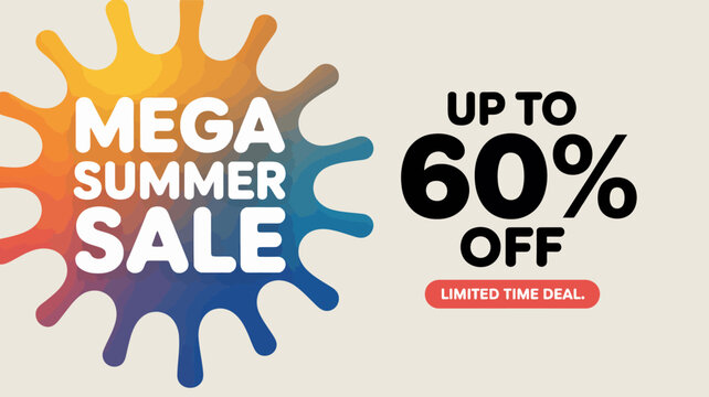Summer sale advertisement with bold text and sunburst graphic promotional offer up to sixty percent off