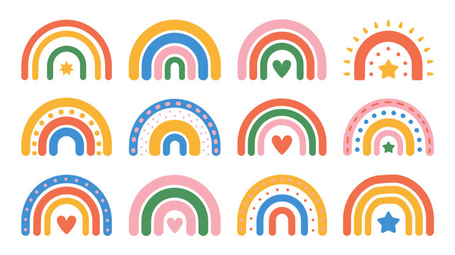 Colorful rainbow collection with stars and hearts hand drawn vector illustration on white background