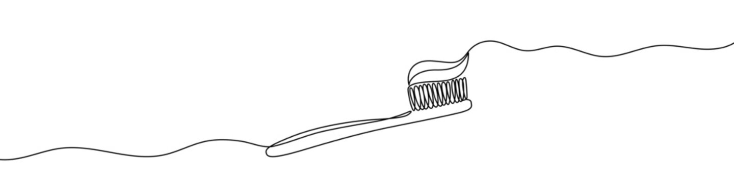 Toothbrush with toothpaste in one line art style. Drawing of toothbrush with editable black stroke on white background. Vector illustration.