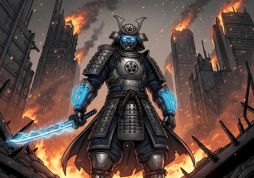 Futuristic Cybernetic Samurai Warrior Holding Glowing Blue Energy Sword.