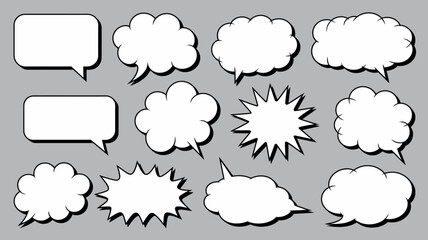 collection of white comic speech bubbles and thought balloons on a gray background © Ultimate