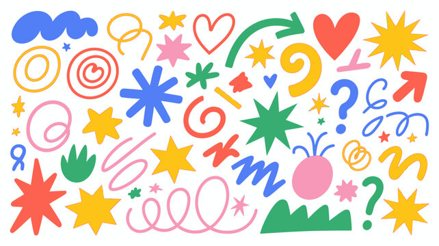 Colorful hand drawn doodle shapes and objects on a white background playful illustration