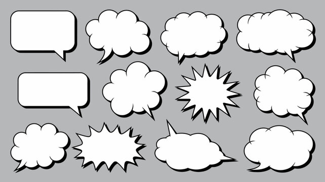 collection of white comic speech bubbles and thought balloons on a gray background