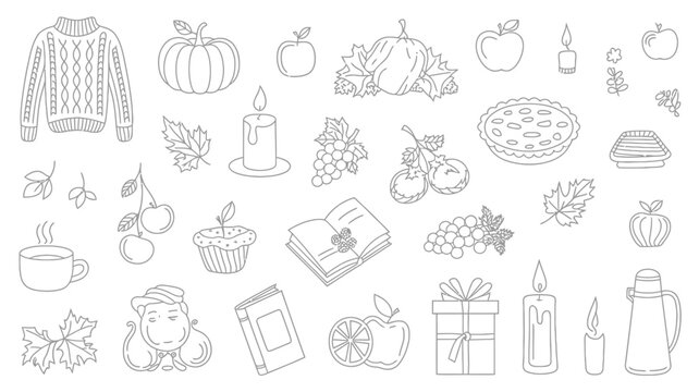 autumn themed doodle set with pumpkins apples leaves and cozy objects in black and white