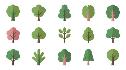 collection of stylized flat trees with green foliage and brown trunks on a white background © Ultimate