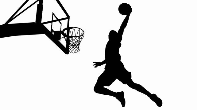 basketball player silhouette dunking on hoop with net against white background