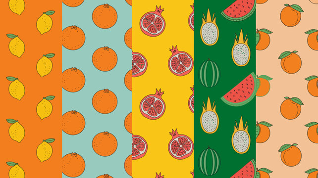 Fruit pattern with lemons oranges pomegranates dragonfruit and watermelon colorful vector illustration