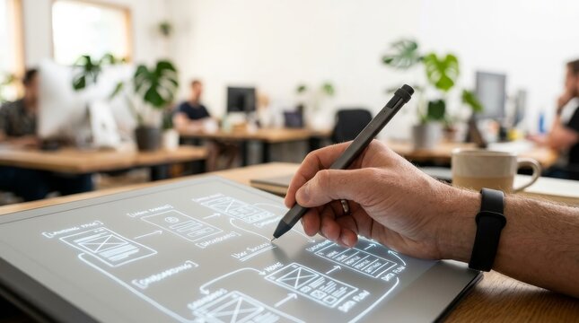 Professional designer sketching user interface wireframes on a digital tablet in a modern office