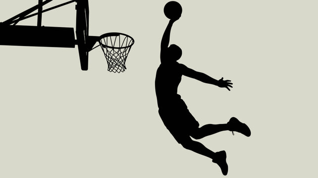 basketball player silhouette dunking hoop and net against a light gray background