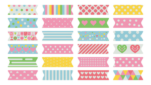 Colorful washi tape patterns collection decorative adhesive tape set on white background
