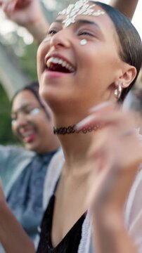 Excited, woman and dance with people at music festival for fun, celebration or energy at live concert. Happy, female person and groove with crowd, freedom and moving with rhythm at outdoor rave party