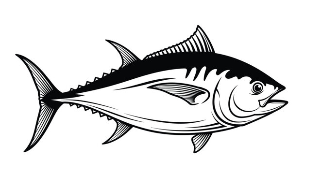 Black and white tuna illustration side view detailed line art