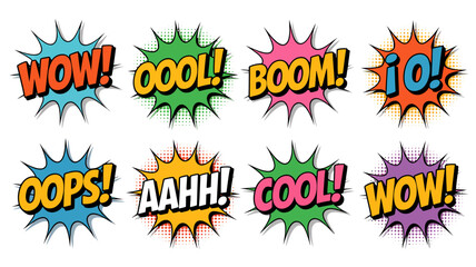Eight colorful comic speech bubbles with onomatopoeia words on a white background © Ultimate
