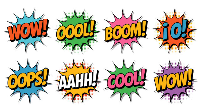 Eight colorful comic speech bubbles with onomatopoeia words on a white background